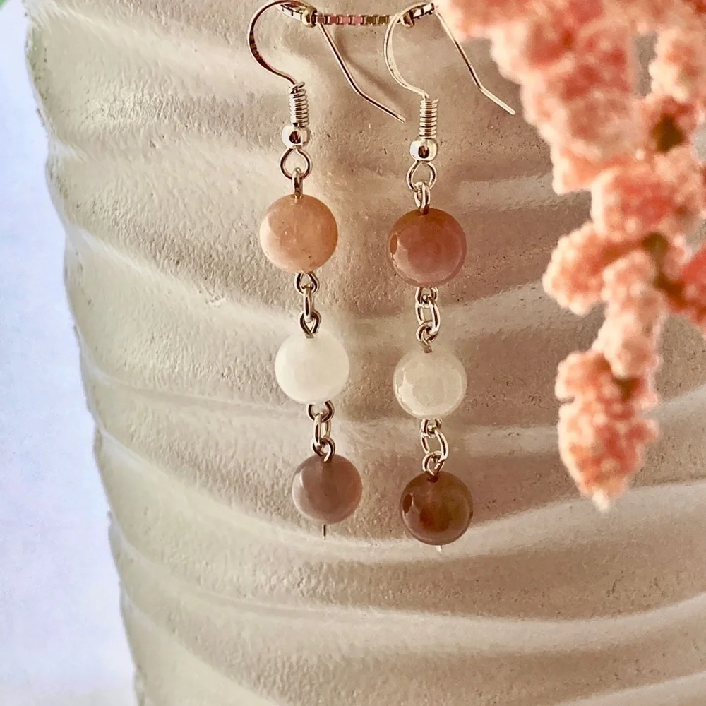 Rose Quartz and Milky White Jade Beaded Dangle Earrings - Picture 10 of 10